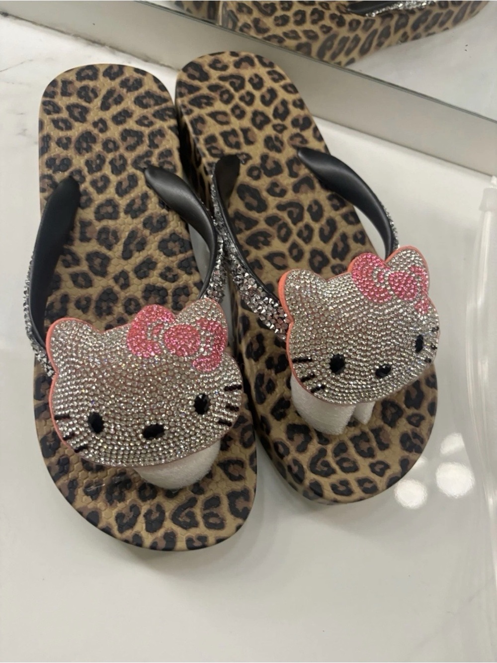 Hello Kitty Leopard Print Rhinestone Pink Bow Wedge Sandals Size 5, 6 & 7